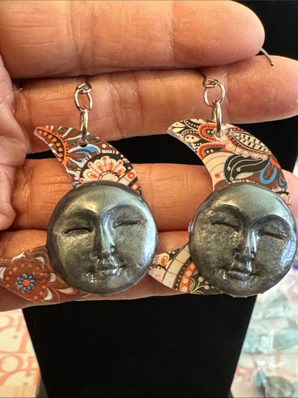Boho Crescentmoon/  Moon Face Earrings in Metallic Gray and Multicolor